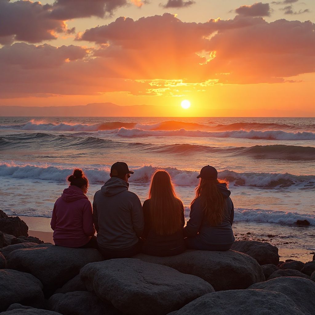 Travelers enjoying coastal sunset