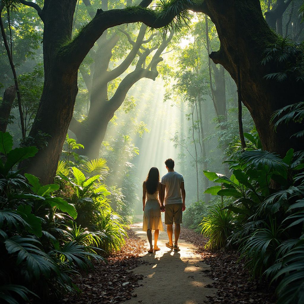 Couple exploring rainforest trail