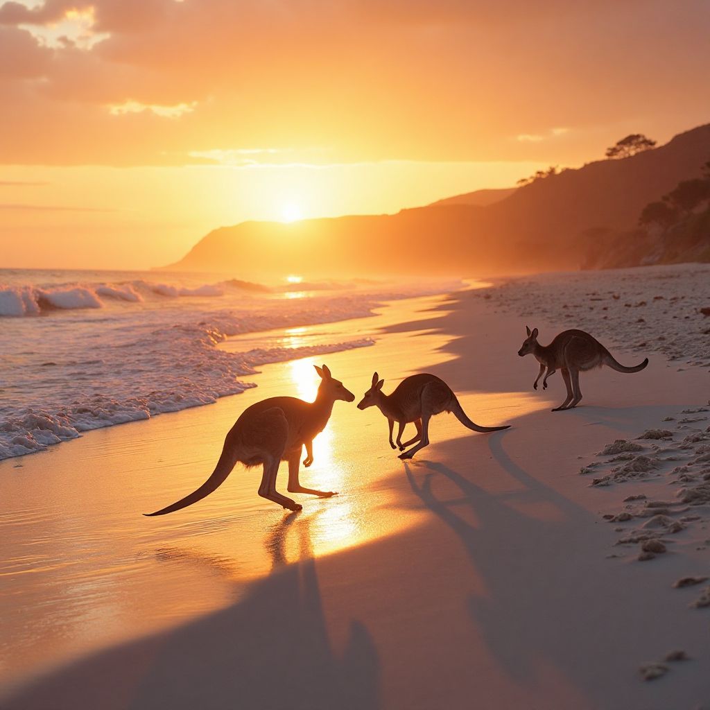 Kangaroos on beach at sunset